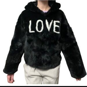Linda Richard’s Luxury black rabbit fur LOVE sweatshirt size XS NWT